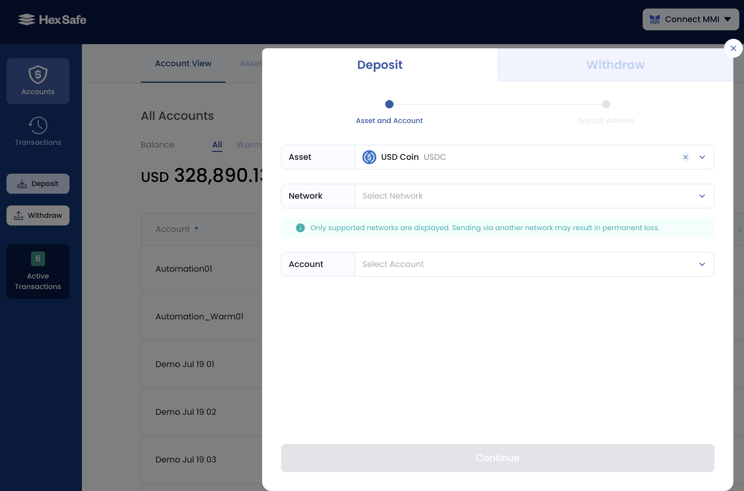Network selection dropdown screenshot