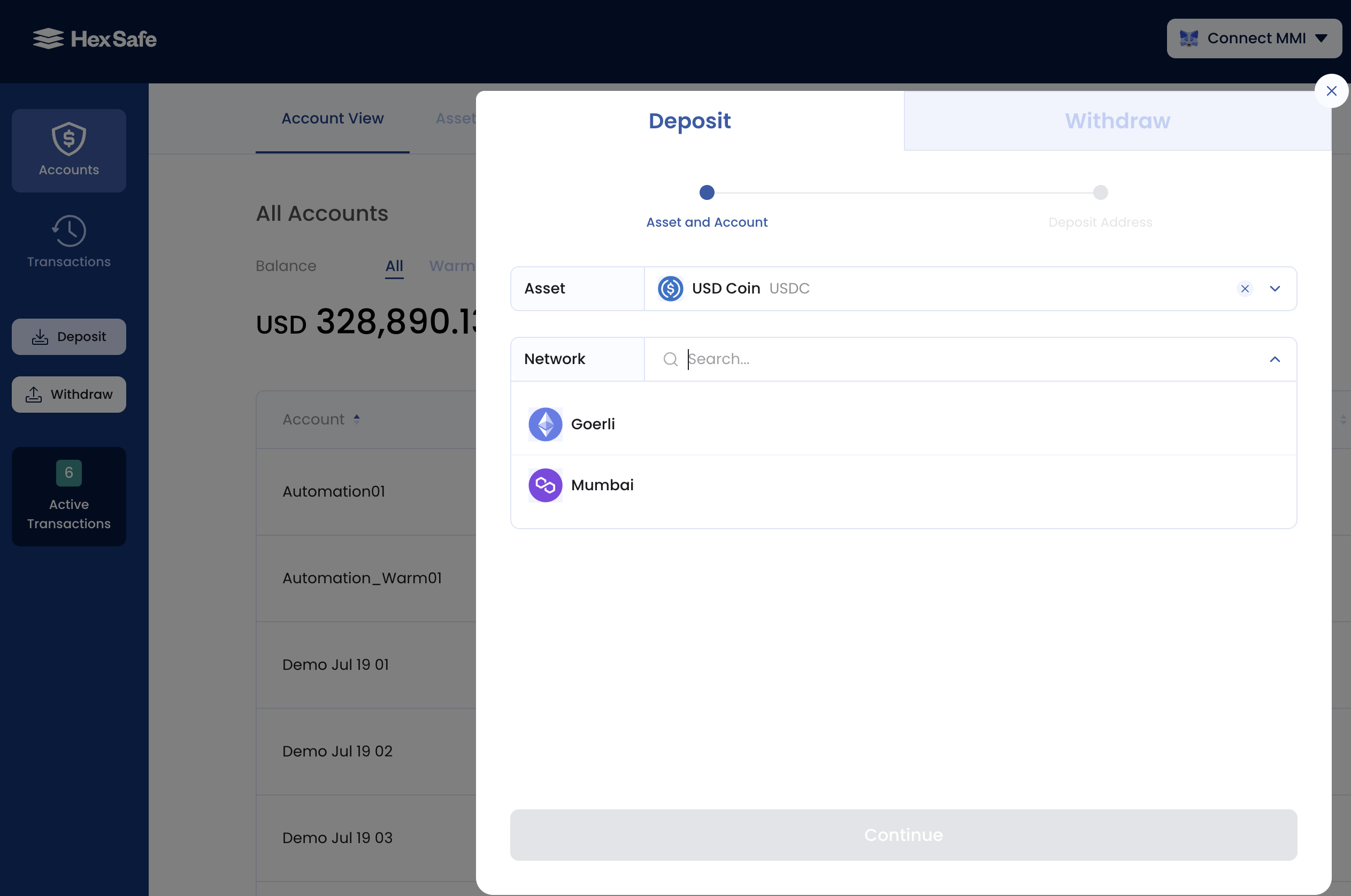 Asset and network selection screenshot