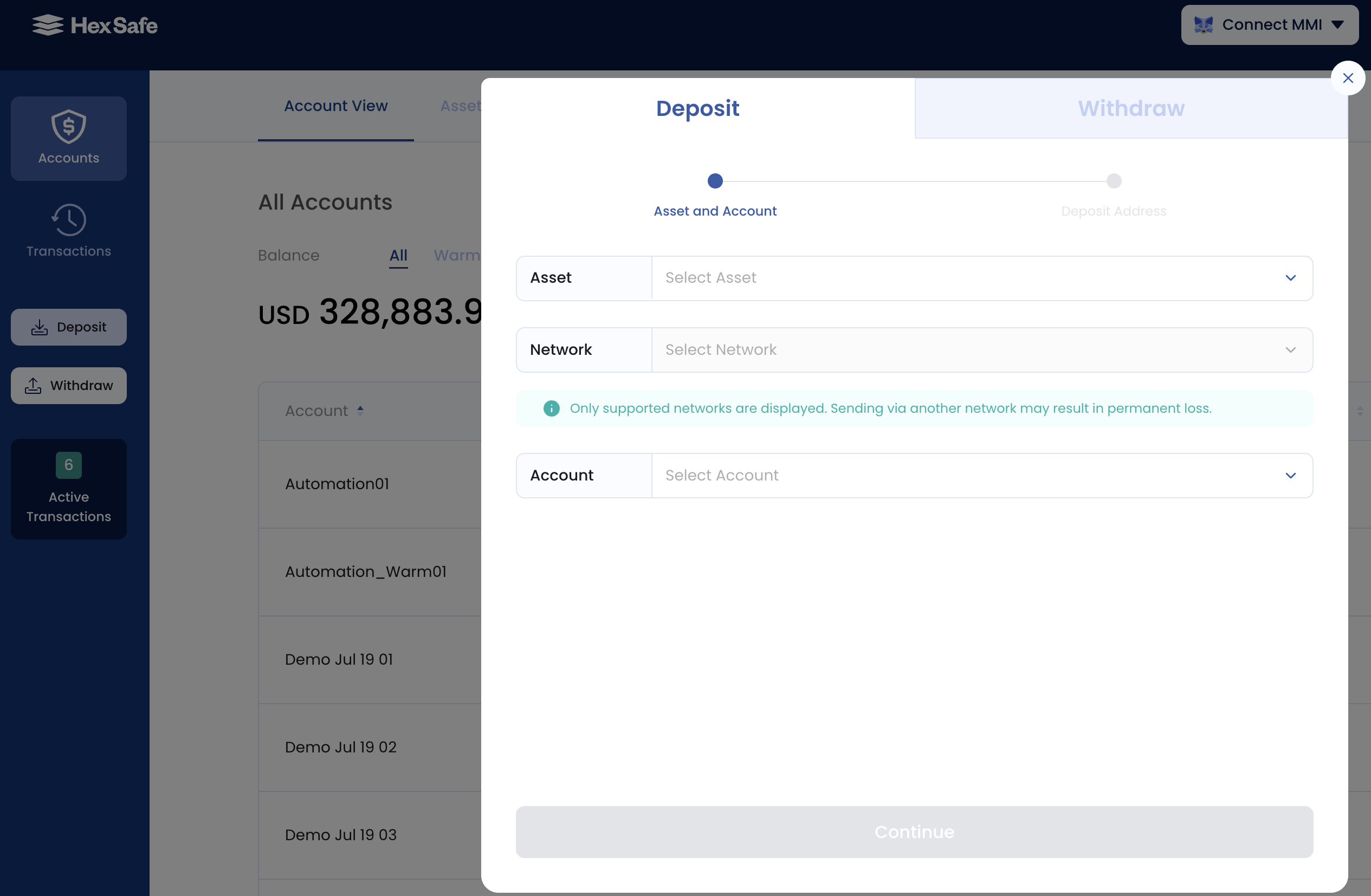 Deposit network selection screenshot