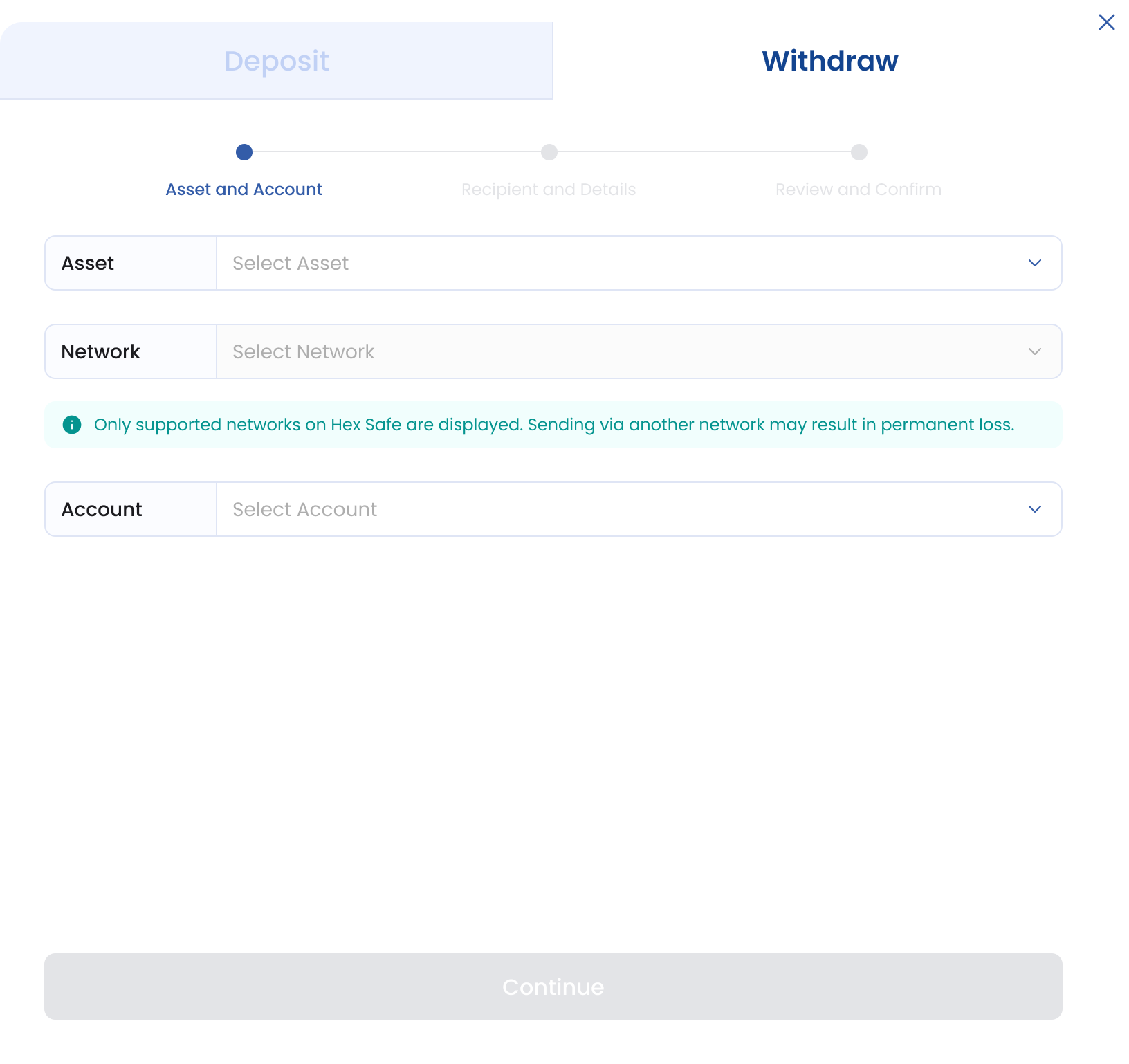 Withdrawal network selection screenshot
