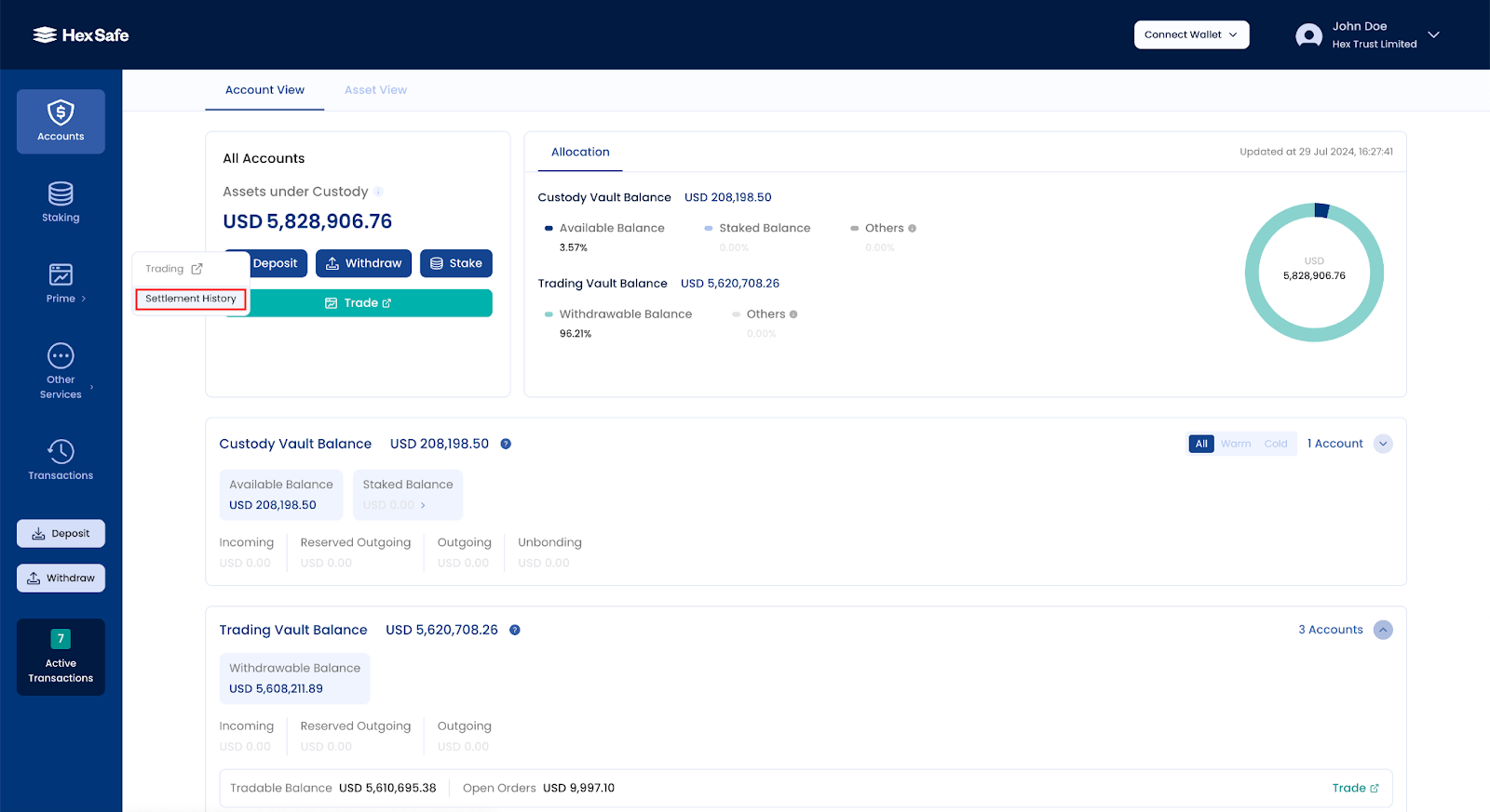 Settlement History page screenshot